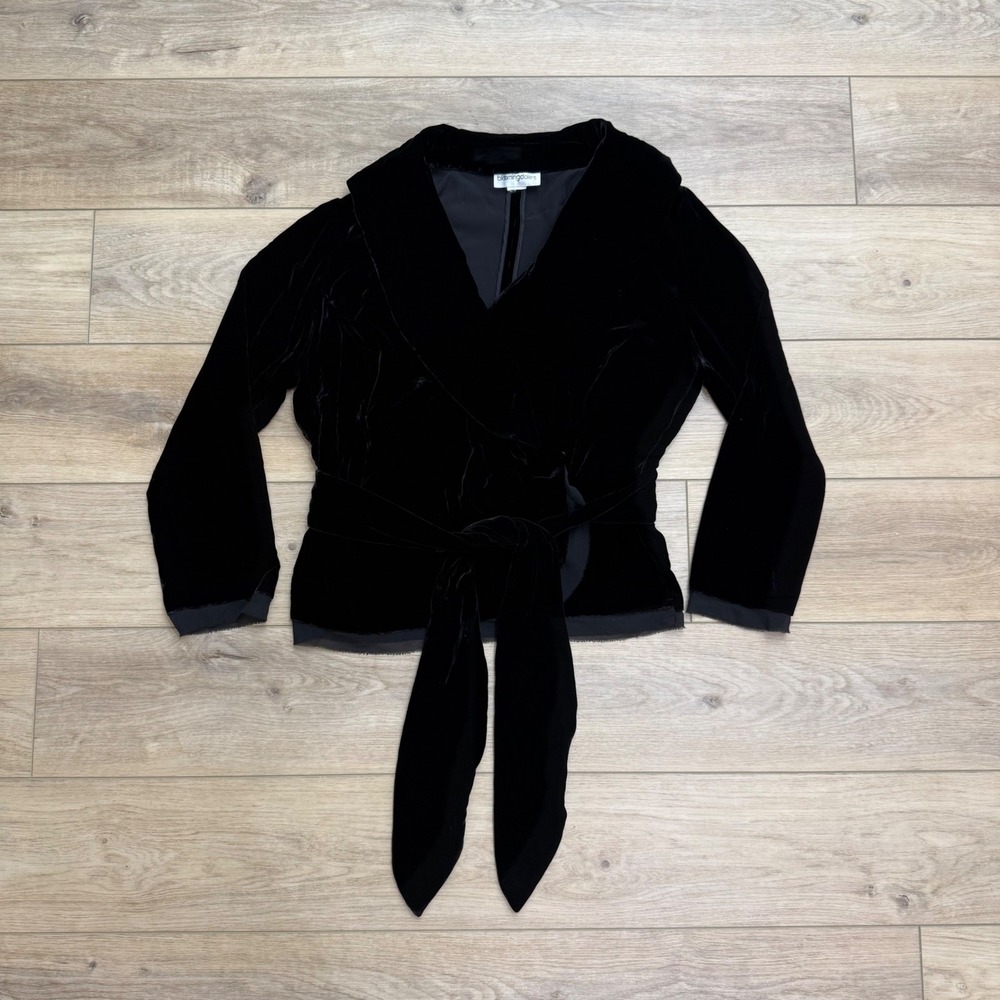 Bloomingdale's Black Velvet Wrap Jacket Shawl Collar Chiffon Trim XL Whimsigoth